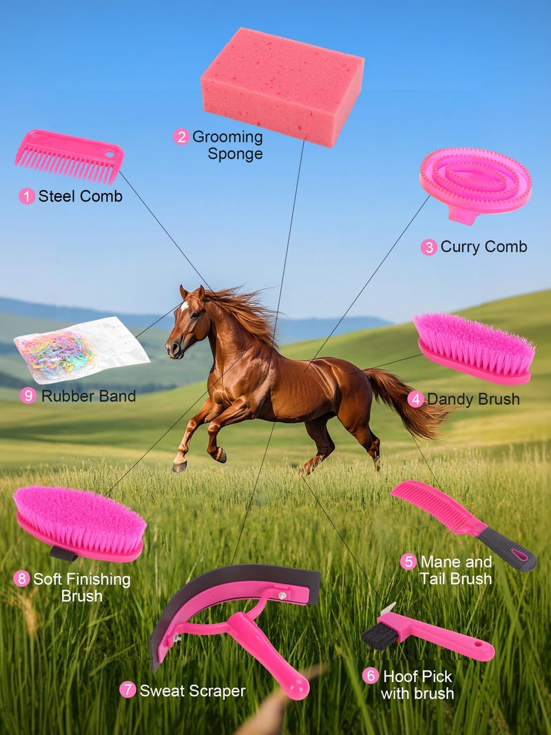 Ueemph Horse Grooming Kit, Pink Storage Bag with 10 Piece Professional Equestrian Care Tools, Brushes, Combs, Scraper and Gloves (Pink) - Image 5
