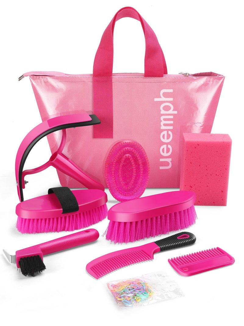 Ueemph Horse Grooming Kit, Pink Storage Bag with 10 Piece Professional Equestrian Care Tools, Brushes, Combs, Scraper and Gloves (Pink) - Image 1