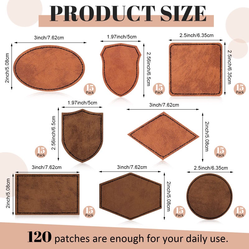 Giegxin 120 Pieces Rustic Leatherette Hat Patches with 8 Types of Shape Laser Engraving Blanks Patch Adhesive for Fabric Faux Leather Patch Repair Sewing Repair Patches (Khaki, Archaize Color) - Image 2