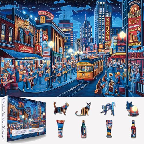 Blueforest 500 Piece Puzzles for Adults Clearance Street Blues Cityscape Vintage Night Scene with Musicians Hard Difficult Challenging Unique Puzzles for Gifts Party Games Family Fun 23 X 15 Dust Free - Image 1