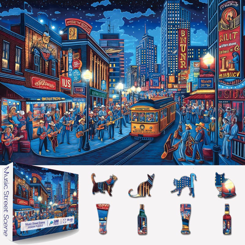 Blueforest 500 Piece Puzzles for Adults Clearance Street Blues Cityscape Vintage Night Scene with Musicians Hard Difficult Challenging Unique Puzzles for Gifts Party Games Family Fun 23 X 15 Dust Free - Image 3