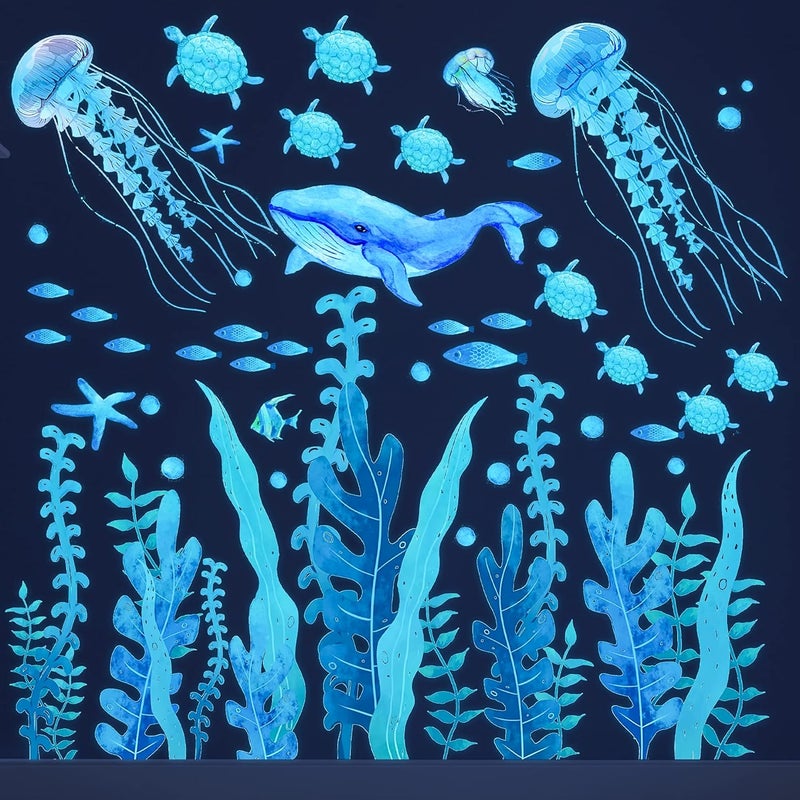 Sinekong Sea Wall Decals Glow in The Dark Ocean Wall Decals Colorful Sea Turtle Seaweed Jellyfish Stickers Removable Ocean Decor for Toddler Boys Girls Bedroom Bathroom Living Room - Image 1