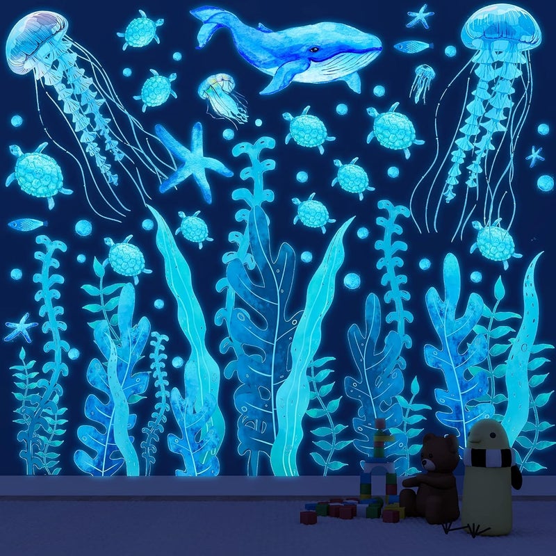 Sinekong Sea Wall Decals Glow in The Dark Ocean Wall Decals Colorful Sea Turtle Seaweed Jellyfish Stickers Removable Ocean Decor for Toddler Boys Girls Bedroom Bathroom Living Room - Image 4