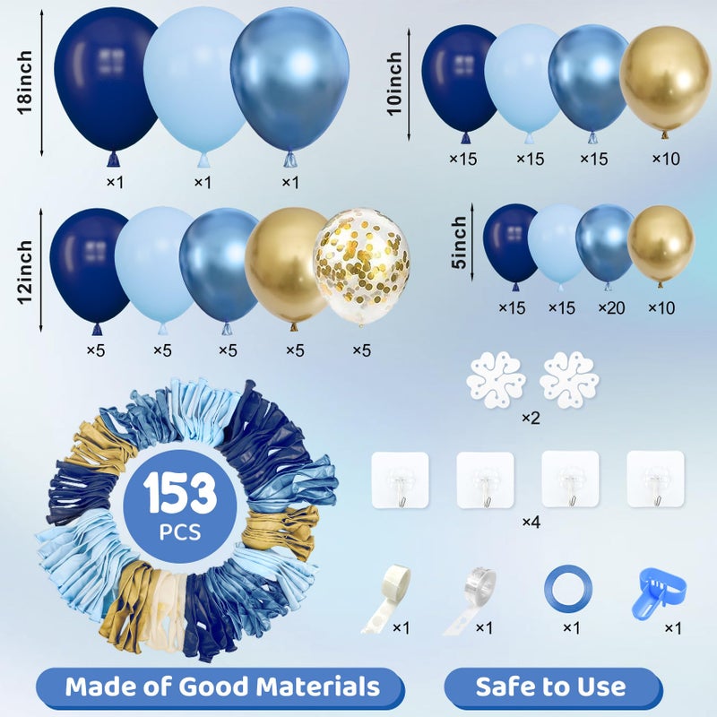 Amandir 153pcs Navy Blue Gold Balloon Garland Arch Kit, Different Sizes 18 12 10 5 inch Pastel Blue Latex Metallic Confetti Balloons for Boys Graduation Birthday Party Ocean Baby Shower Decoration - Image 4