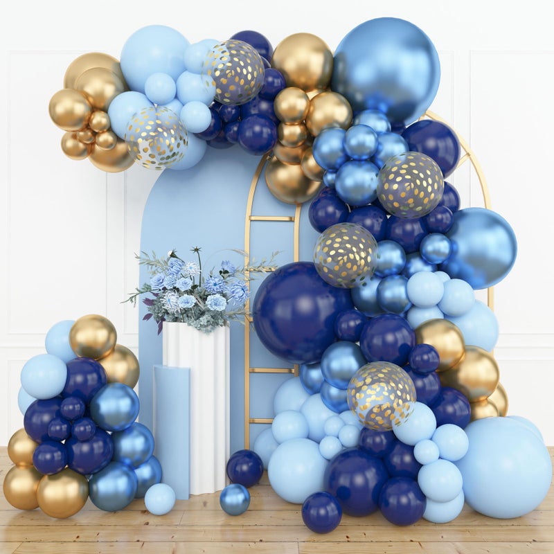 Amandir 153pcs Navy Blue Gold Balloon Garland Arch Kit, Different Sizes 18 12 10 5 inch Pastel Blue Latex Metallic Confetti Balloons for Boys Graduation Birthday Party Ocean Baby Shower Decoration - Image 1