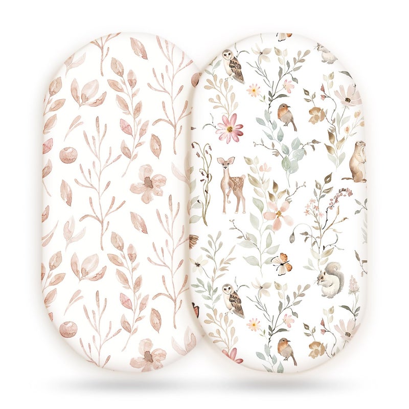 GRSSDER Stretchy Ultra Soft Fitted Bassinet Sheet Set 2 Pack, Universal Fit for Bassinets Baby Cradle Moses Basket Oval Rectangle Mattress Safe and Snug, Beautiful Blush Pink Floral and Cute Animals Print - Image 1