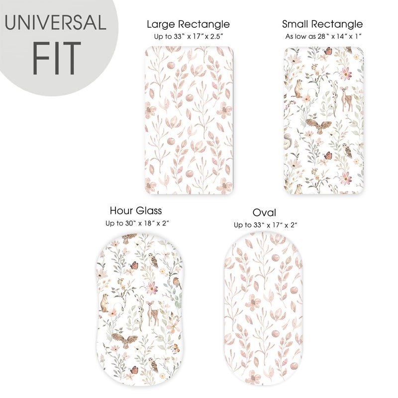 GRSSDER Stretchy Ultra Soft Fitted Bassinet Sheet Set 2 Pack, Universal Fit for Bassinets Baby Cradle Moses Basket Oval Rectangle Mattress Safe and Snug, Beautiful Blush Pink Floral and Cute Animals Print - Image 5