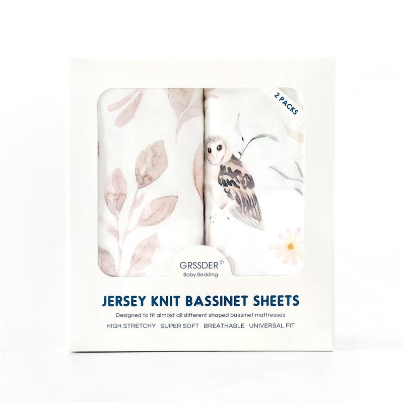 GRSSDER Stretchy Ultra Soft Fitted Bassinet Sheet Set 2 Pack, Universal Fit for Bassinets Baby Cradle Moses Basket Oval Rectangle Mattress Safe and Snug, Beautiful Blush Pink Floral and Cute Animals Print - Image 2