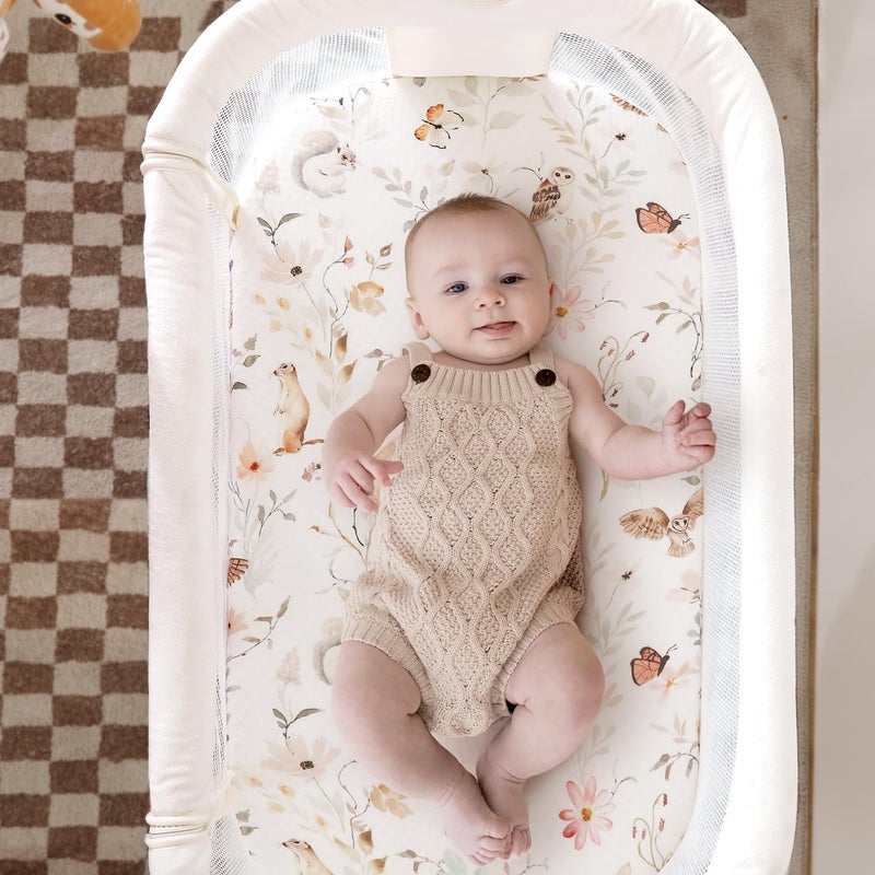 GRSSDER Stretchy Ultra Soft Fitted Bassinet Sheet Set 2 Pack, Universal Fit for Bassinets Baby Cradle Moses Basket Oval Rectangle Mattress Safe and Snug, Beautiful Blush Pink Floral and Cute Animals Print - Image 4