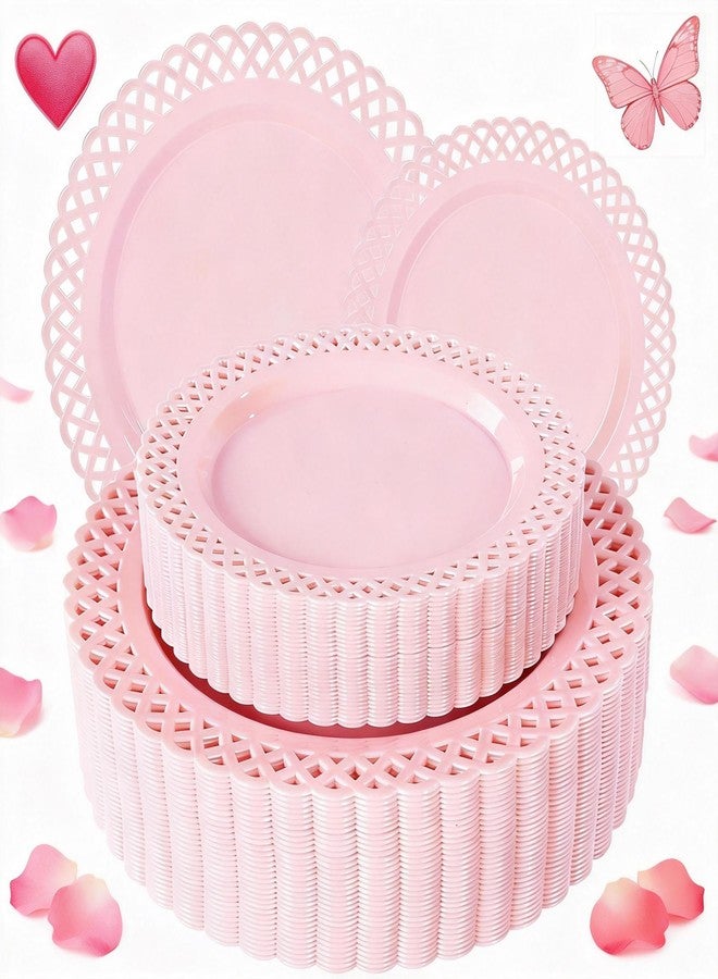 COLOSUS 60Pcs Pink Plastic Plates, Plastic Disposable Plates, Fancy Pink Plates, Heavy Duty Lace Plate Set include 30 Dinner Plate 10.5” and 30 Salad/Dessert Plate 8.25”for Thanksgiving and Christmas - Image 1