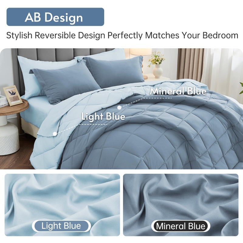 MUXHOMO 7 Pieces Queen Comforter Set, Reversible Bed in a Bag Queen Size, All Season Bedding Set with Comforter, Flat Sheet, Fitted Sheet, Pillowcases & Shams, Mineral Blue & Light Blue - Image 3