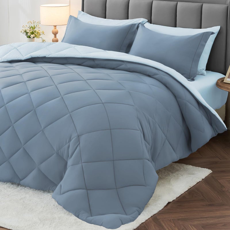 MUXHOMO 7 Pieces Queen Comforter Set, Reversible Bed in a Bag Queen Size, All Season Bedding Set with Comforter, Flat Sheet, Fitted Sheet, Pillowcases & Shams, Mineral Blue & Light Blue - Image 1