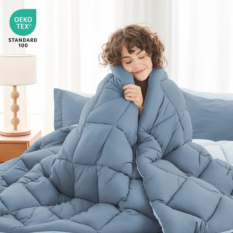 MUXHOMO 7 Pieces Queen Comforter Set, Reversible Bed in a Bag Queen Size, All Season Bedding Set with Comforter, Flat Sheet, Fitted Sheet, Pillowcases & Shams, Mineral Blue & Light Blue - Image 2