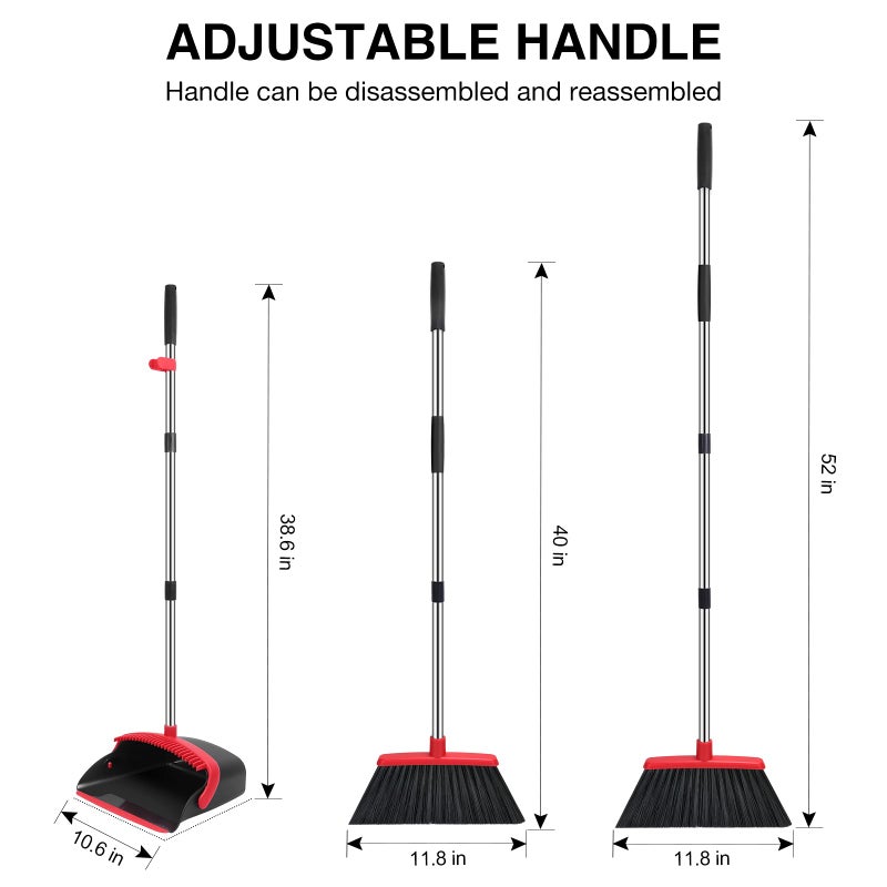 NACENA Broom and Dustpan Set, 52-in Long Adjustable Handle Broom Dustpan Combo with Dustpan Teeth to Automatically Clean Hair Suitable for Home Kitchen Office Hall Floorï¼ˆBlack&Redï¼‰ - Image 2