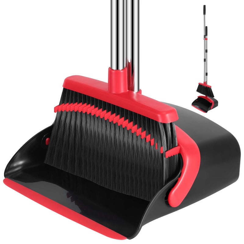 NACENA Broom and Dustpan Set, 52-in Long Adjustable Handle Broom Dustpan Combo with Dustpan Teeth to Automatically Clean Hair Suitable for Home Kitchen Office Hall Floorï¼ˆBlack&Redï¼‰ - Image 1