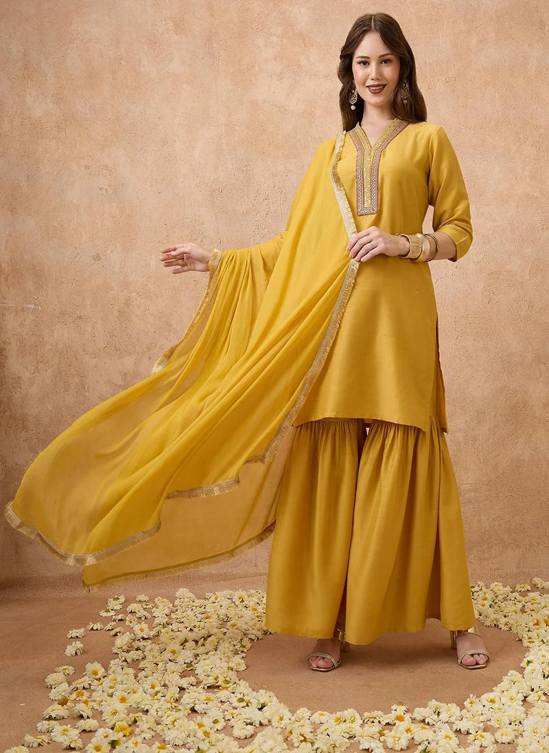 Globus Globus Women's Yellow Festive Embroidered Kurta Set with Sharara and Dupatta