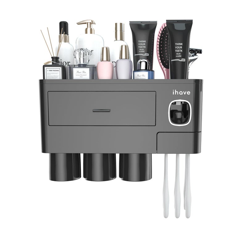iHave Toothbrush Holders for Bathrooms, 3 Cups Toothbrush Holder Wall Mounted with Toothpaste Dispenser - Large Capacity Tray, Cosmetic Drawer - Bathroom Organizer & Bathroom Organization and Storage - Image 3