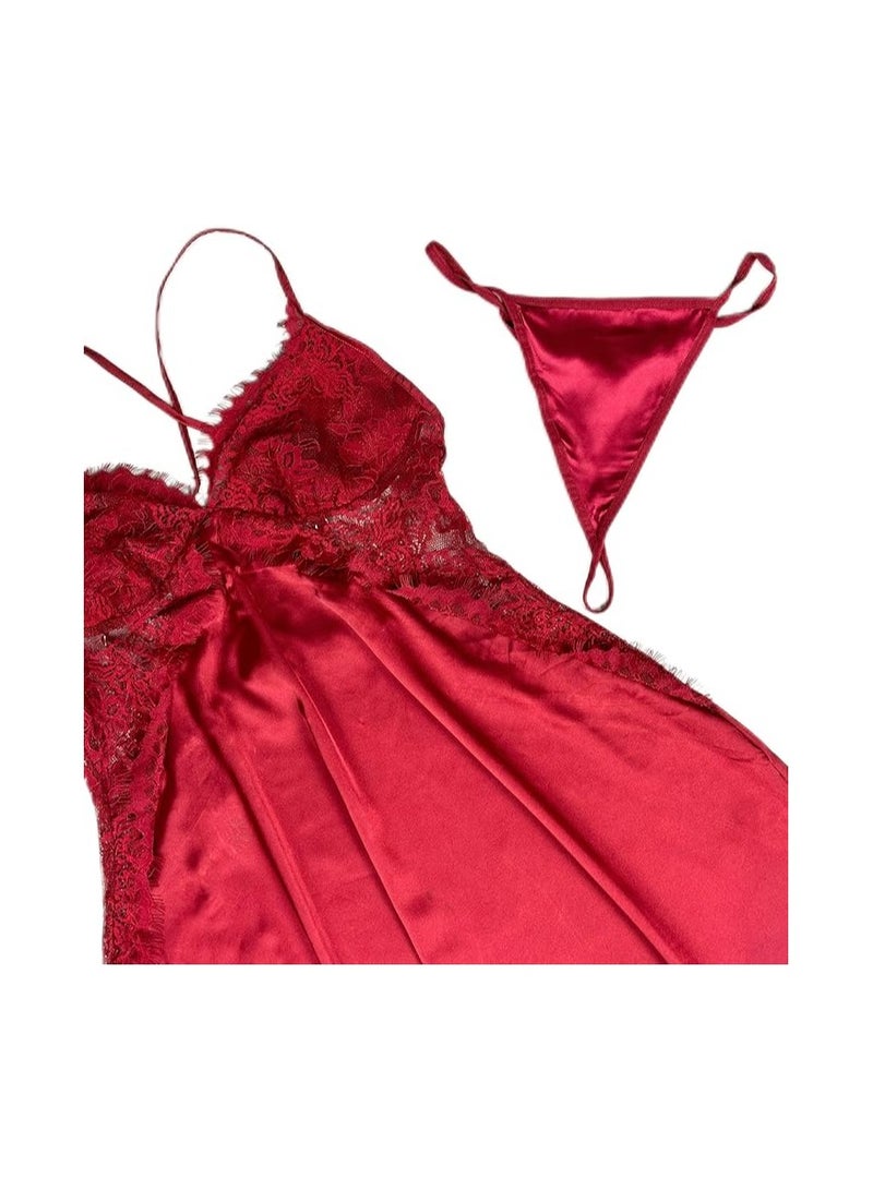 بونكا قميص نوم لانجري مطرز من الساتان الماروني (أحمر) من بونكا - Image 1