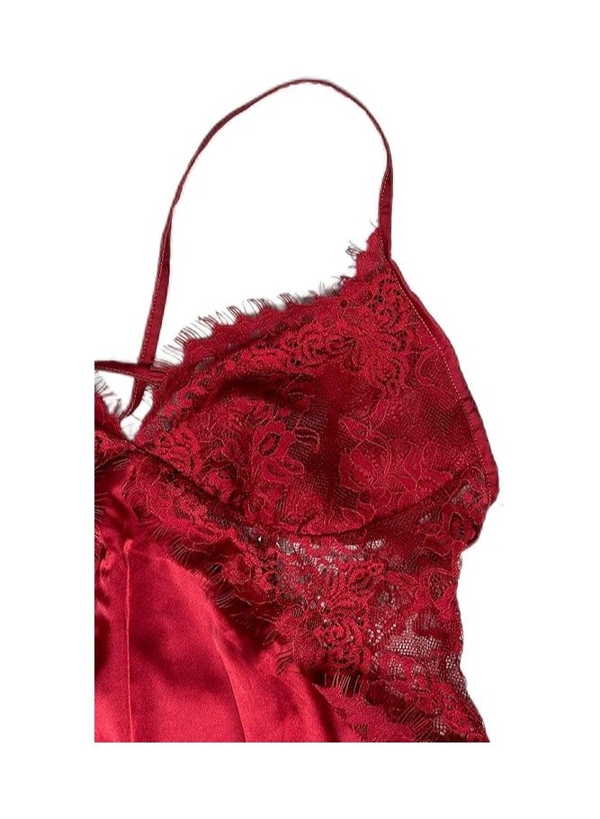 بونكا قميص نوم لانجري مطرز من الساتان الماروني (أحمر) من بونكا - Image 2