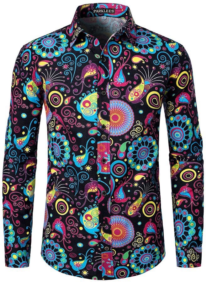 PARKLEES Mens Retro Traditional Ethnic Pattern Printed Linen Long Sleeve Button Down Shirt, Multicolor, 3XL - Image 1
