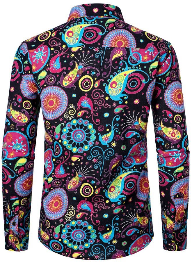 PARKLEES Mens Retro Traditional Ethnic Pattern Printed Linen Long Sleeve Button Down Shirt, Multicolor, 3XL - Image 4