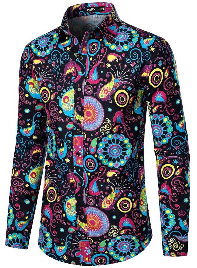 PARKLEES Mens Retro Traditional Ethnic Pattern Printed Linen Long Sleeve Button Down Shirt, Multicolor, 3XL - Image 3