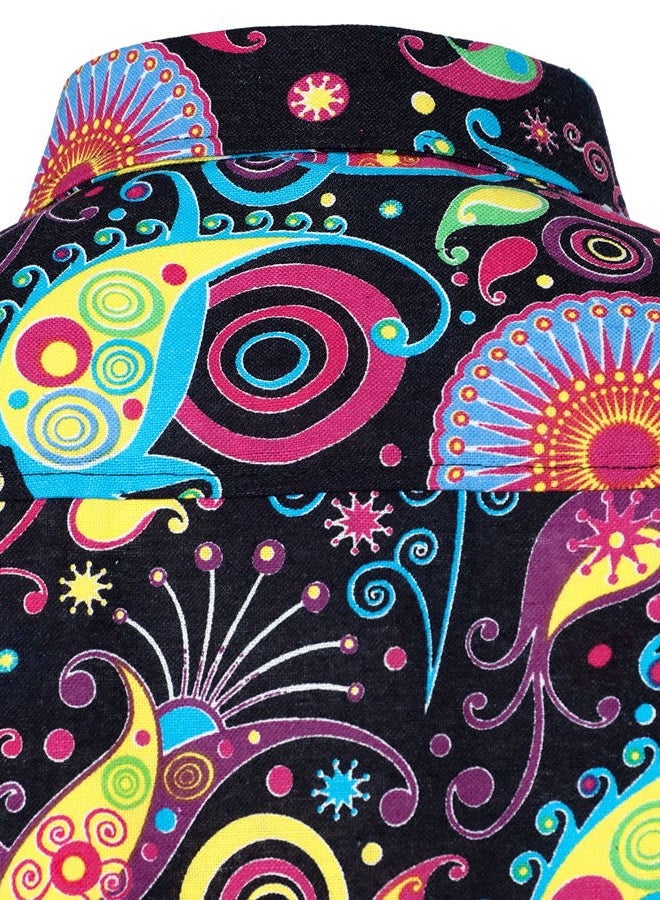 PARKLEES Mens Retro Traditional Ethnic Pattern Printed Linen Long Sleeve Button Down Shirt, Multicolor, 3XL - Image 2