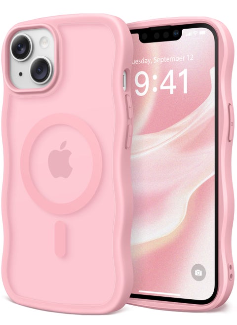 Cute for iPhone 15 Case, Compatible with MagSafe, [Curly Wave Edge] [Full Camera Protection] [14 FT Drop Shockproof Protection] Magnetic Phone Case for 15 6.1 Inch, Peach Pink