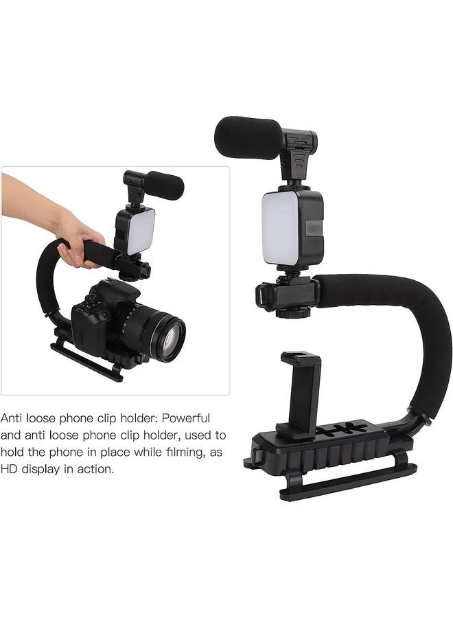 Handheld Video Camera Stabilizer with LED Light & Microphone – Portable U-Shaped Bracket for SLR, Mobile Phones, Digital Cameras, and Video Recorders