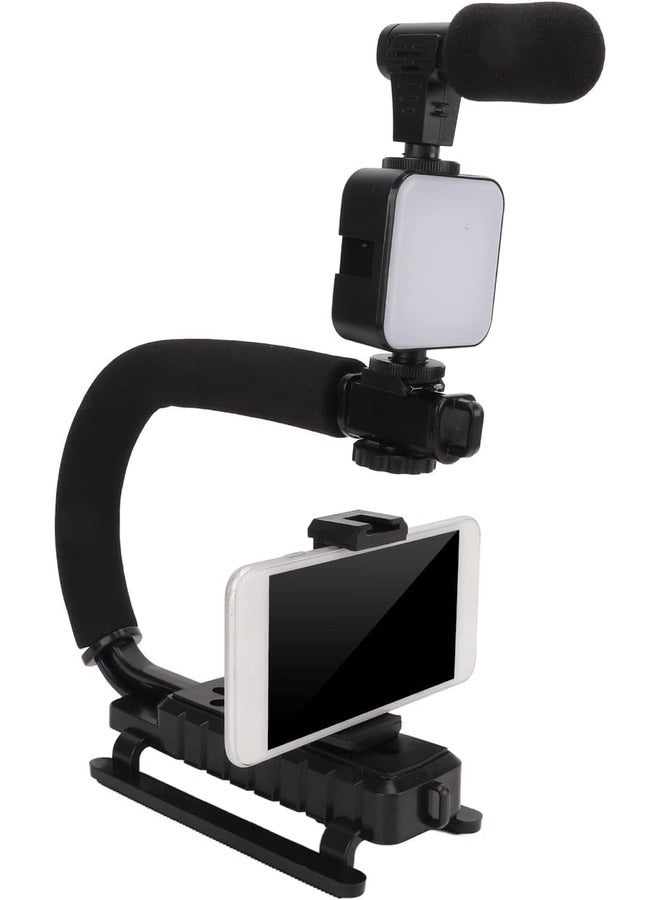 Handheld Video Camera Stabilizer with LED Light & Microphone – Portable U-Shaped Bracket for SLR, Mobile Phones, Digital Cameras, and Video Recorders
