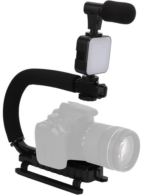 Handheld Video Camera Stabilizer with LED Light & Microphone – Portable U-Shaped Bracket for SLR, Mobile Phones, Digital Cameras, and Video Recorders