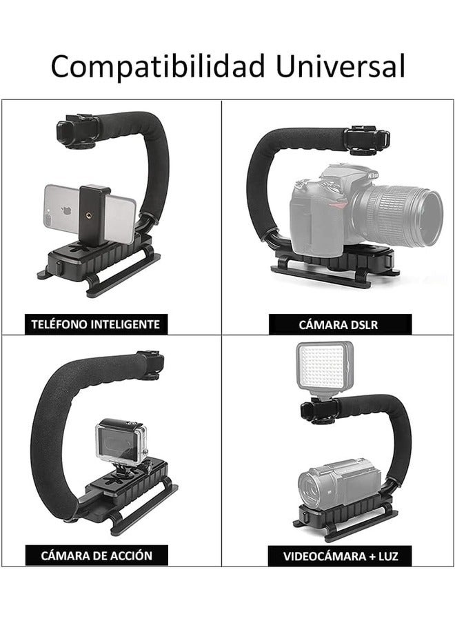 Handheld Video Camera Stabilizer with LED Light & Microphone – Portable U-Shaped Bracket for SLR, Mobile Phones, Digital Cameras, and Video Recorders
