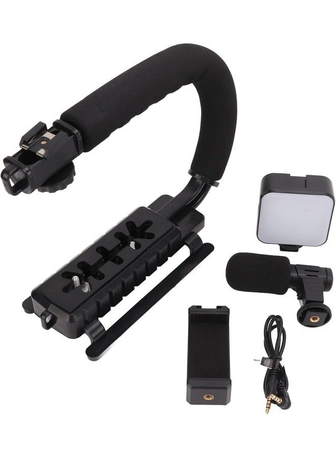 Handheld Video Camera Stabilizer with LED Light & Microphone – Portable U-Shaped Bracket for SLR, Mobile Phones, Digital Cameras, and Video Recorders