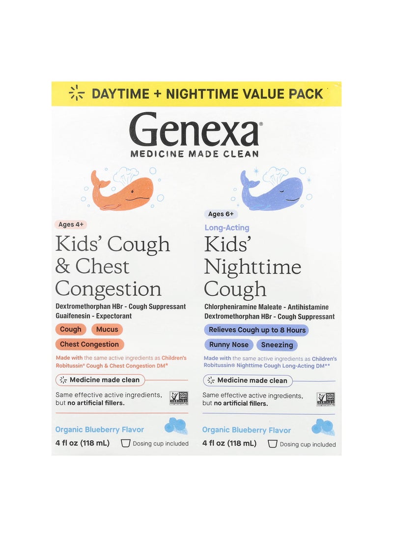 Kids' Cough & Chest Congestion Ages 4+, Kids' Nighttime Cough Ages 6+, Organic Blueberry, 2 Pack, 4 fl oz (118 ml) Each