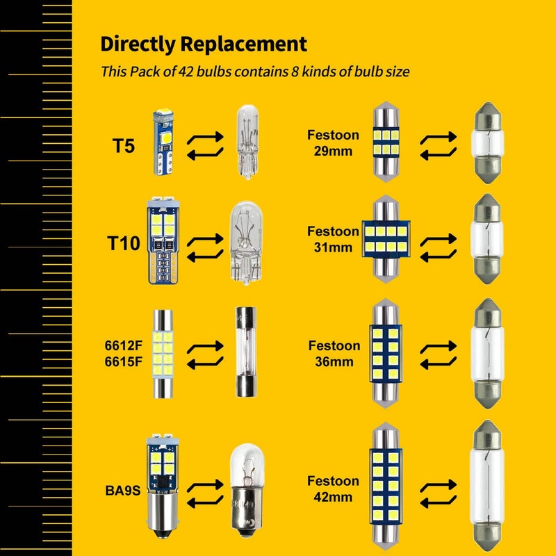 EBAIFUN 42-Pack White 12V DE3175 6418 6411 T10 2825 BA9S 64111 T5 74 6612F 6615F 31mm 36mm 41mm LED bulb Kit for Car Truck Interior Map Dome Vanity Mirror Trunk Door Courtesy License Plate Light - Image 2