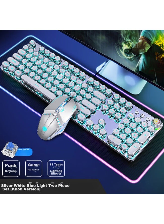 Eweadn Tk100 Punk Mechanical Keyboard And Mouse Set, Gaming Wired Keyboard And Mouse For Desktop And Laptop, Office Retro Peripherals, Pubg, White With Ice Blue Light - Image 1
