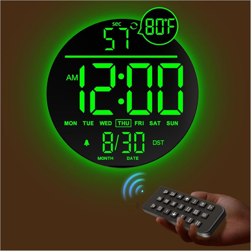 Jall 10" Large Digital Wall Clock with Seconds, Alarm Countdown Timer, Big LED Display, RGB Color, DST, Temperature, Mounted for Bedroom Living Room Office Classroom Gym, Xmas Birthday Gift, Green - Image 1