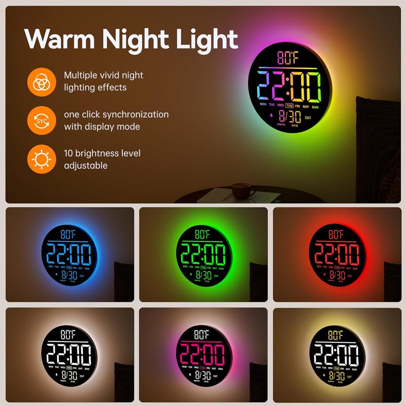 Jall 10" Large Digital Wall Clock with Seconds, Alarm Countdown Timer, Big LED Display, RGB Color, DST, Temperature, Mounted for Bedroom Living Room Office Classroom Gym, Xmas Birthday Gift, Green - Image 3