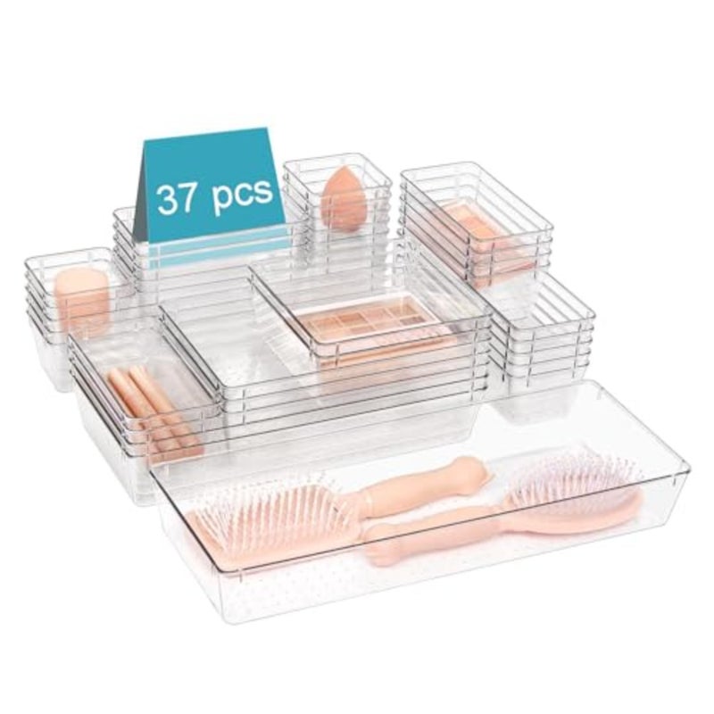 37pcs Clear Drawer Organizer Set, Acrylic Makeup Organizer with Adjustable Dividers, Stackable Kitchen Drawer Storage for Vanity Desk Bathroom Office, Non Slip BPA Free - Image 1
