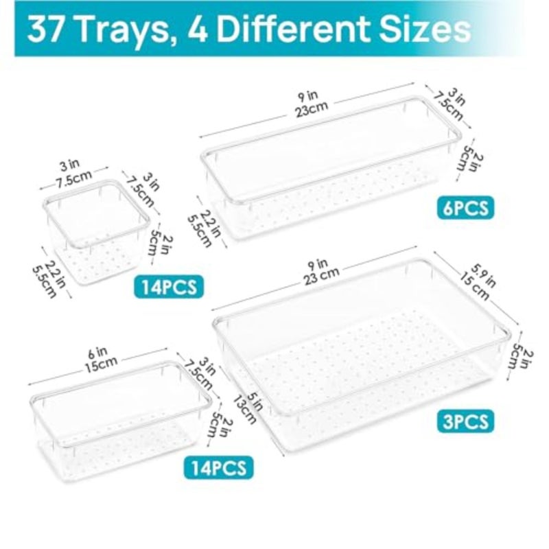 37pcs Clear Drawer Organizer Set, Acrylic Makeup Organizer with Adjustable Dividers, Stackable Kitchen Drawer Storage for Vanity Desk Bathroom Office, Non Slip BPA Free - Image 3