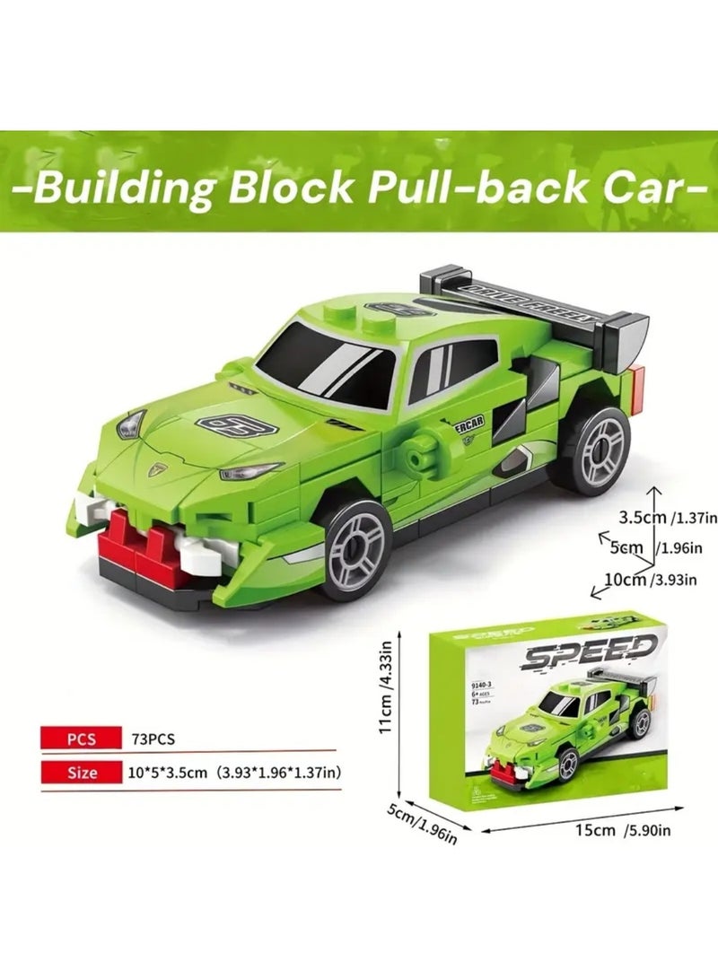 ZedPlay Green Pull-Back Building Block Car Toy – 73PCS DIY Racing Speed Vehicle for Kids , ABS Material, Mini Brick Model Car with Box – Educational STEM Construction Toy Gift - Image 3