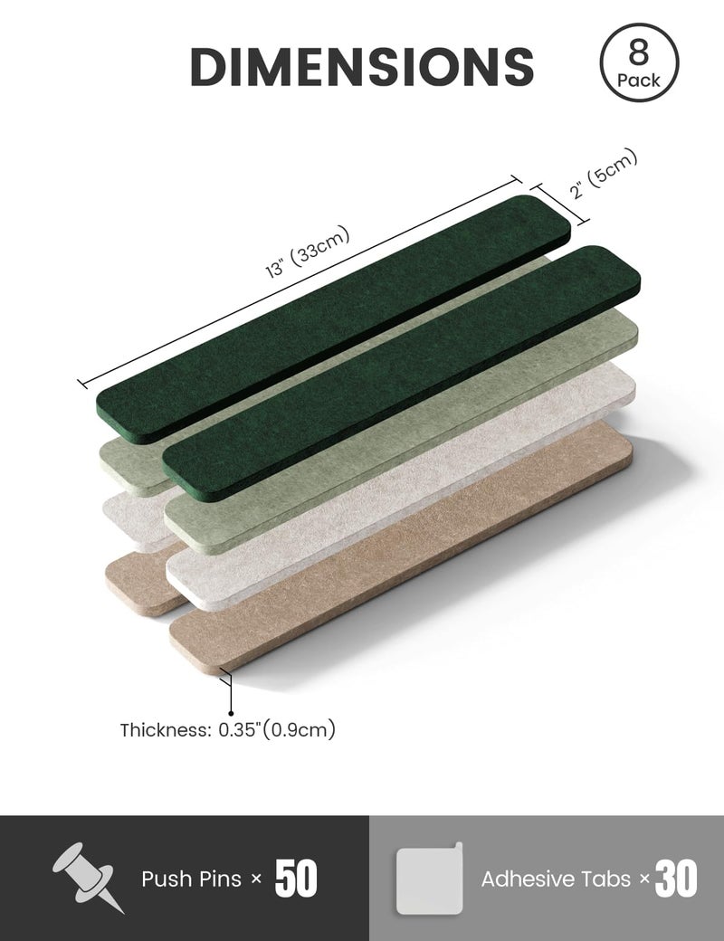 Fluxynara Cork Board Alternative Felt Strip Board 8-Pack 13"x2", Office Pin Board with 50 Push Pins, Adhesive Install for Bedroom Door & Home Office(Nordic Moss) - Image 2