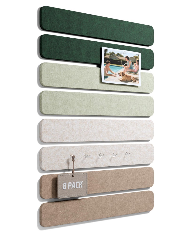 Fluxynara Cork Board Alternative Felt Strip Board 8-Pack 13"x2", Office Pin Board with 50 Push Pins, Adhesive Install for Bedroom Door & Home Office(Nordic Moss) - Image 1