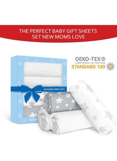 Moonsea Moonsea Pack and Play Sheets/Mini Crib Sheets & Waterproof Bamboo Pack N Play Mattress Pad Protector 4 Pack Set, Grey & White  - Image 4