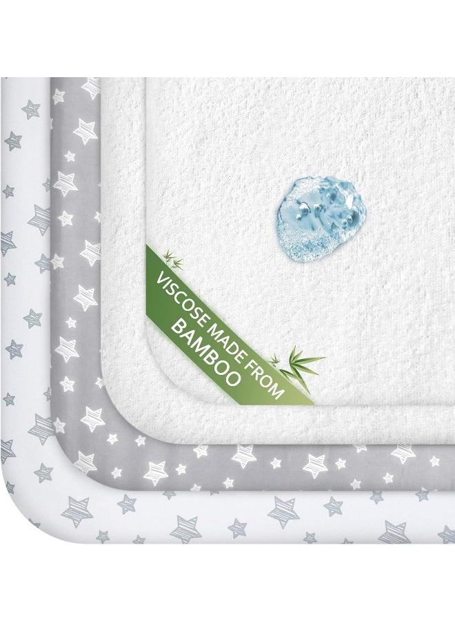 Moonsea Moonsea Pack and Play Sheets/Mini Crib Sheets & Waterproof Bamboo Pack N Play Mattress Pad Protector 4 Pack Set, Grey & White  - Image 1