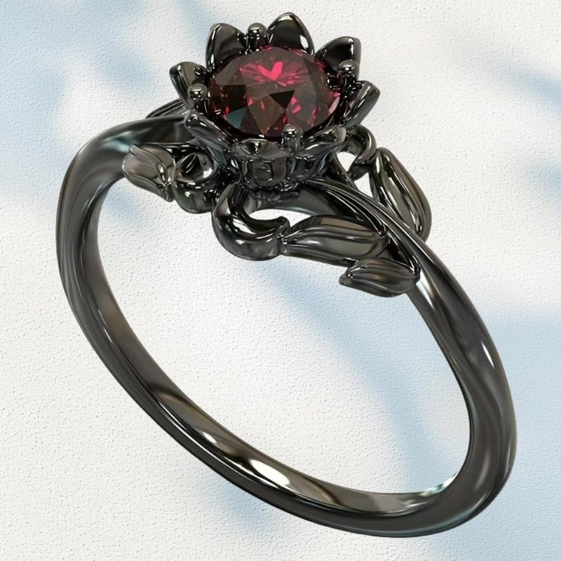 BlingNook Cubic Zirconia Rings For Women, Gothic Ring Black Flower Crystal Stackable Trendy Floral Eternity Travel Engagement Statement Wedding Birthday Jewelry Gift (Goth Black Red, 6) - Image 2