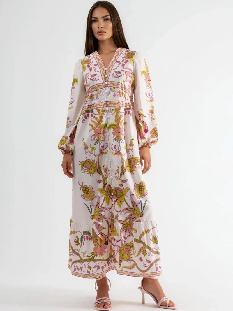 جينيفر Belted Printed Maxi Dress with V-Neck