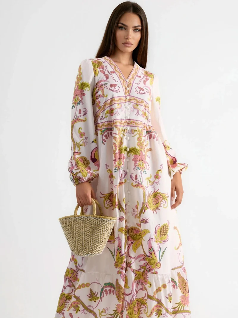 جينيفر Belted Printed Maxi Dress with V-Neck