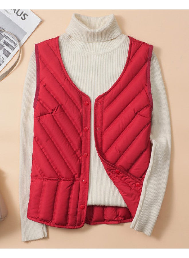 YaYa Winter Classic V-neck Women's Vest, Can Be Worn Inside Or Outside, Button Placket, Solid Color, Simple, 90% Down Vest For Women - Image 1