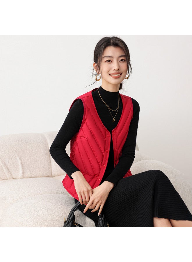 YaYa Winter Classic V-neck Women's Vest, Can Be Worn Inside Or Outside, Button Placket, Solid Color, Simple, 90% Down Vest For Women - Image 3